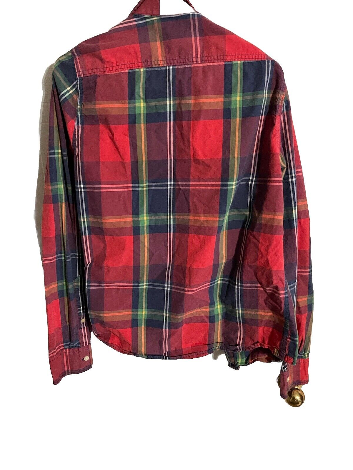 Back view of Abercrombie colorblock plaid shirt in red blue and green with long sleeves