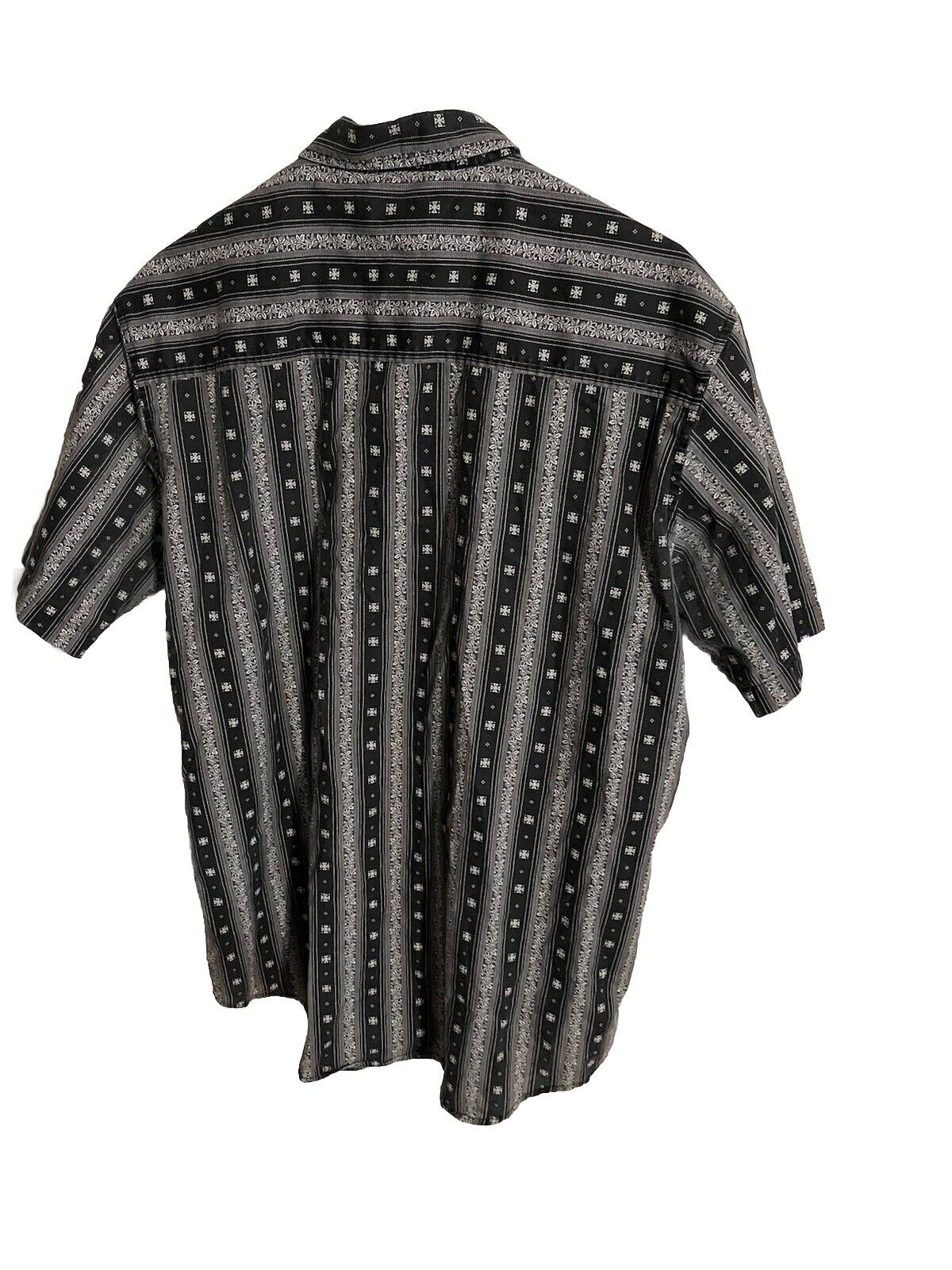 Anchor Blue short sleeve button up shirt with black and white vertical stripe pattern showing back view