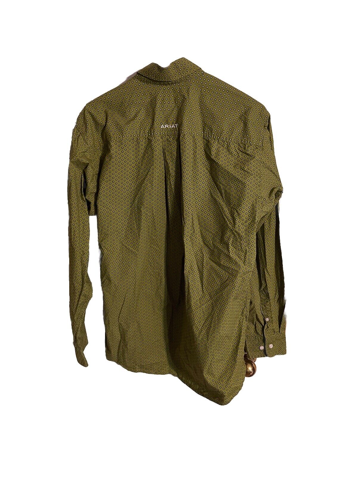 Ariat men's medium shirt in olive green with subtle pattern and buttoned cuffs displayed from the back