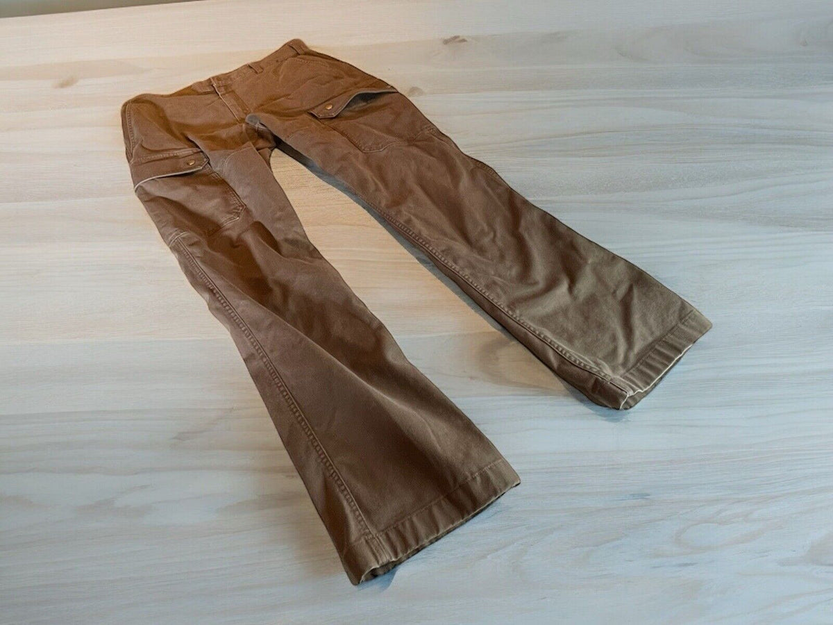 Brown 40 grit cargo pants men laid flat on light wooden surface by 1118 Emporium
