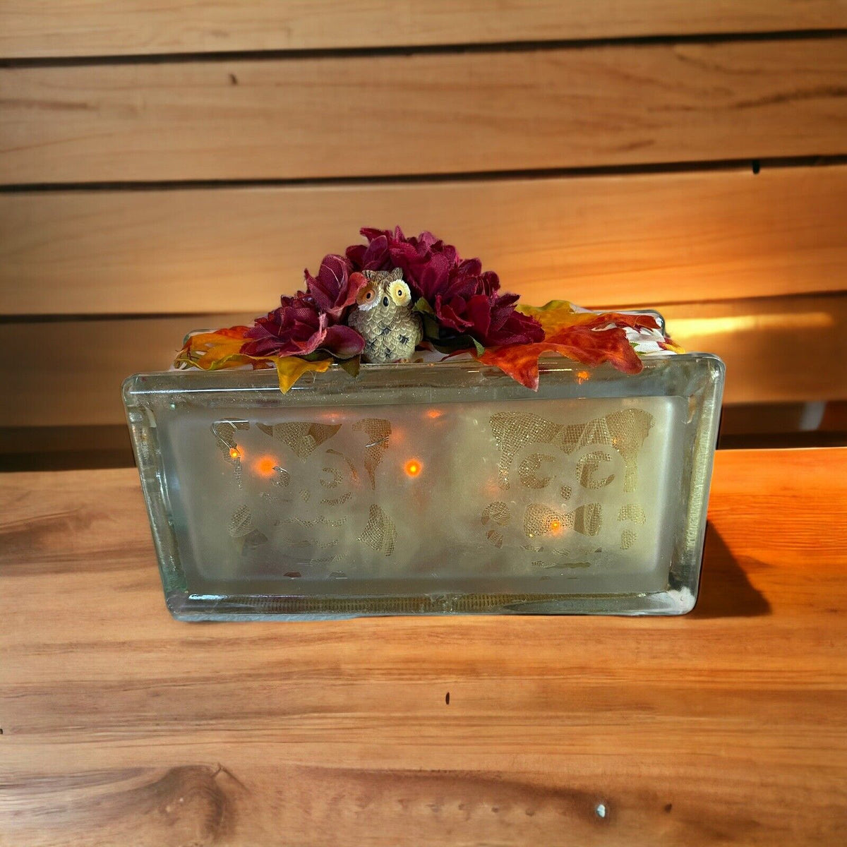 Heavy Etched Glass Owl Sign Lights Up