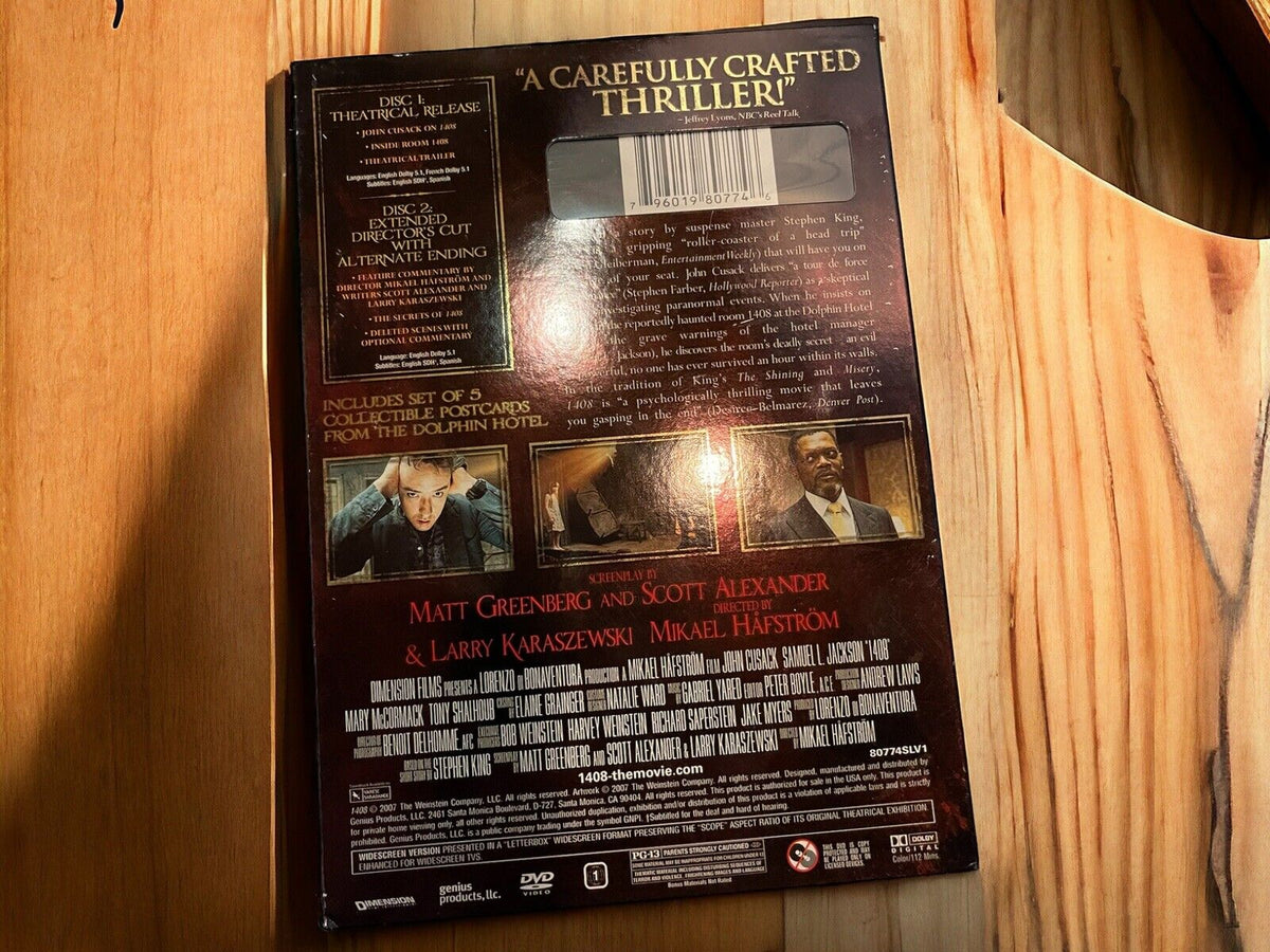 Back cover of Stephen King 1408 2-disc DVD featuring thriller movie details and cast information