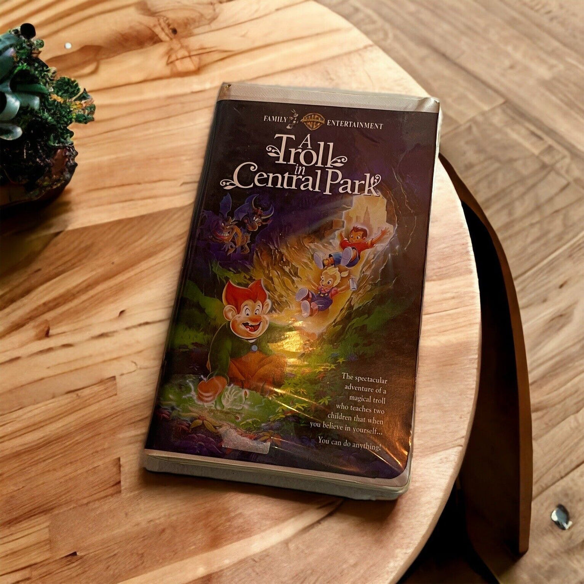 A Troll in Central Park VHS tape on wooden table featuring animated troll characters