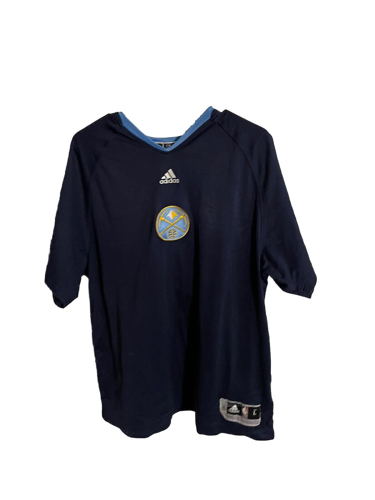 Adidas Denver Nuggets warm up shirt in navy blue with team logo on front and blue collar trim