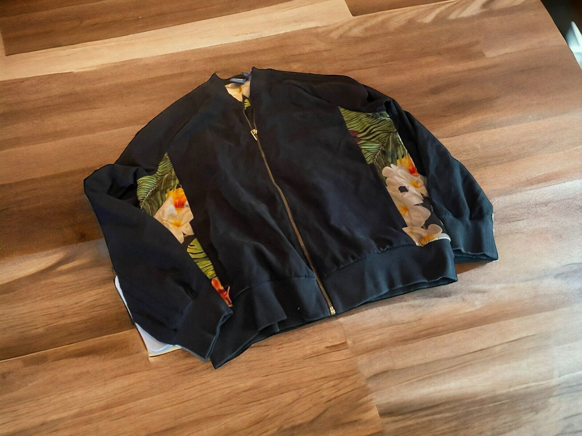 adidas flower print jacket extra large black with colorful floral accents on sleeves