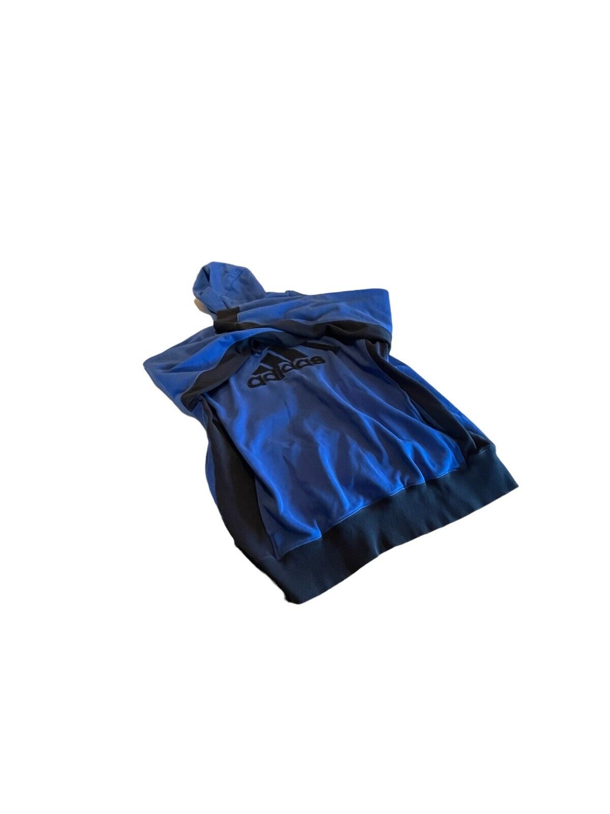 Blue Adidas hoodie large with black logo and hood laid flat on a white background