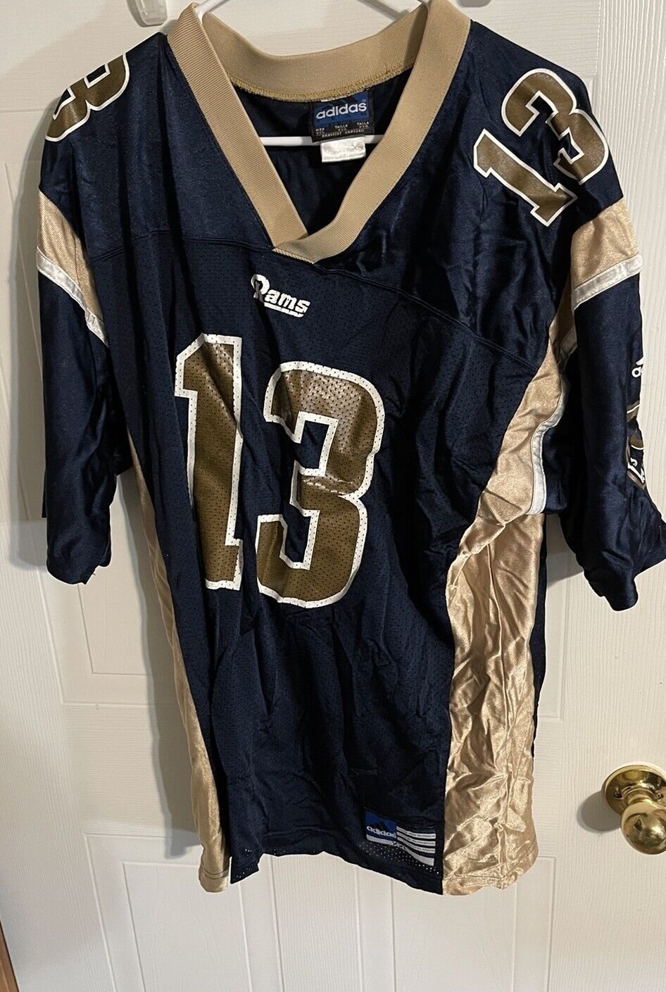 Adidas Kurt Warner Rams jersey in navy and gold with number 13 and team logo