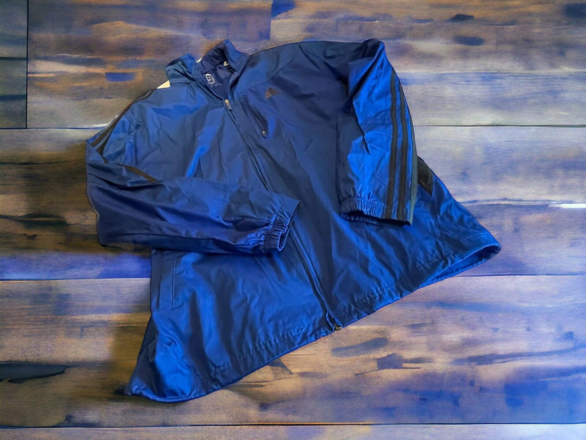 Large Adidas track jacket in navy blue with full zipper and three stripe sleeve design