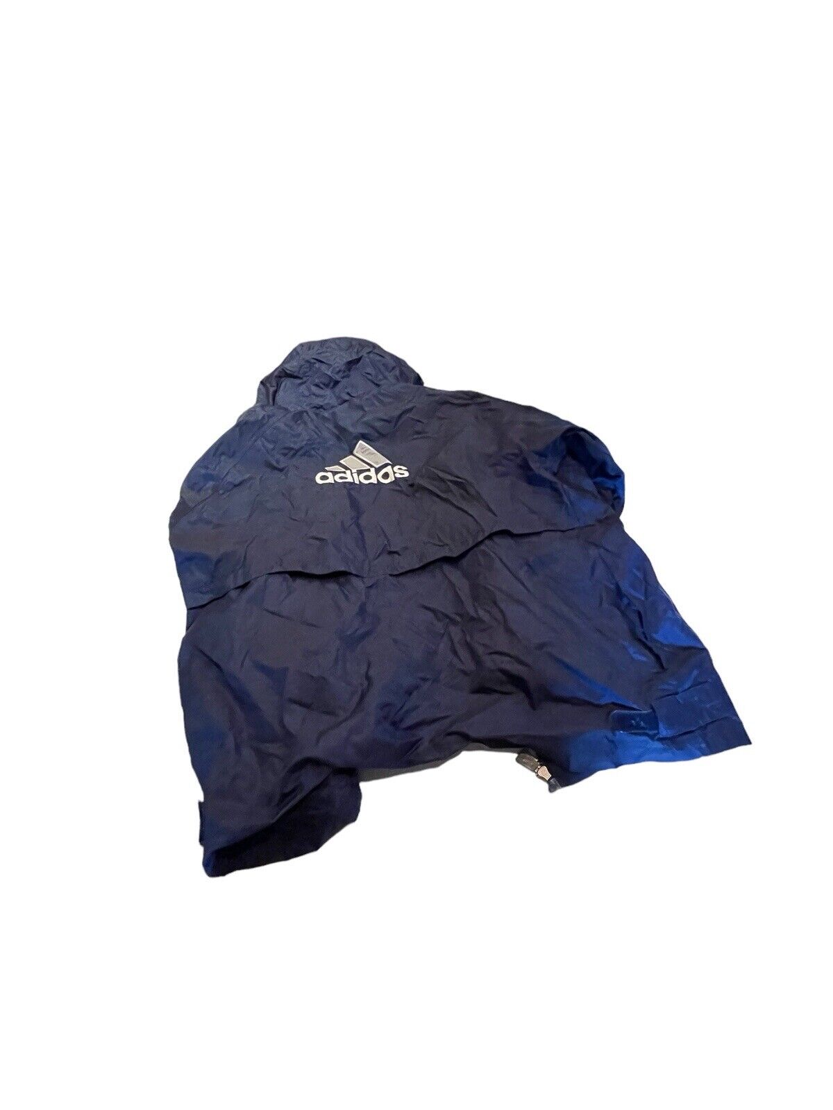 Navy blue Adidas windbreaker jacket with white logo on back, lightweight and water-resistant design
