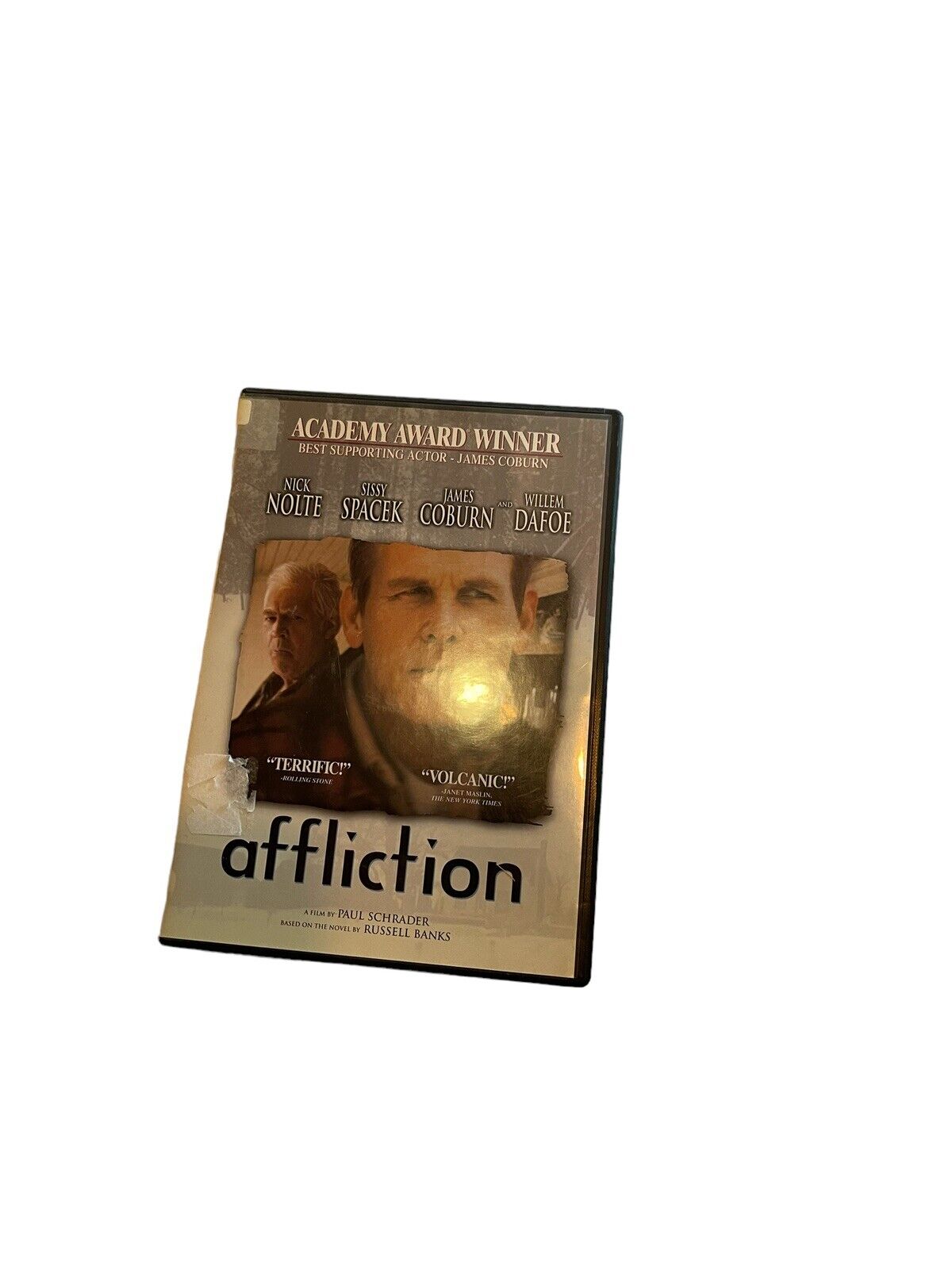 Affliction DVD movie cover featuring actors Nick Nolte and James Coburn with award winner text