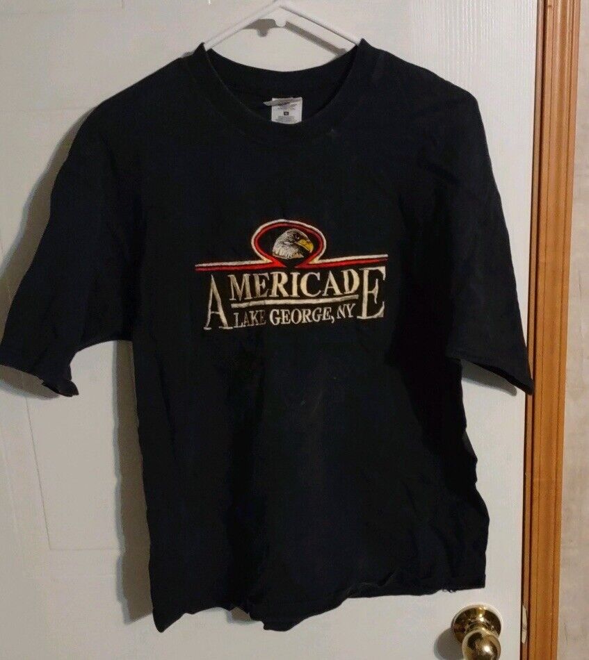 Black Americade Lake George t-shirt with beige and red logo featuring an eagle graphic