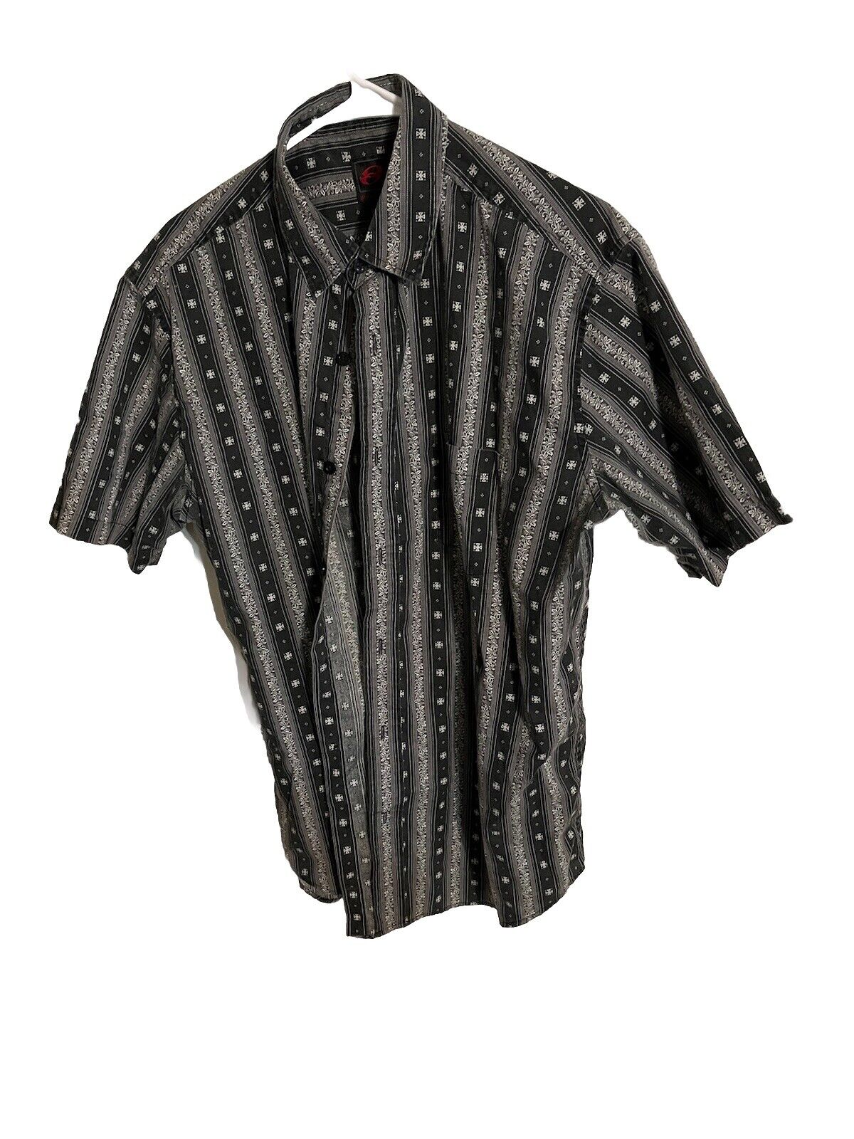 Anchor Blue short sleeve button up shirt in black with white and gray vertical stripe pattern