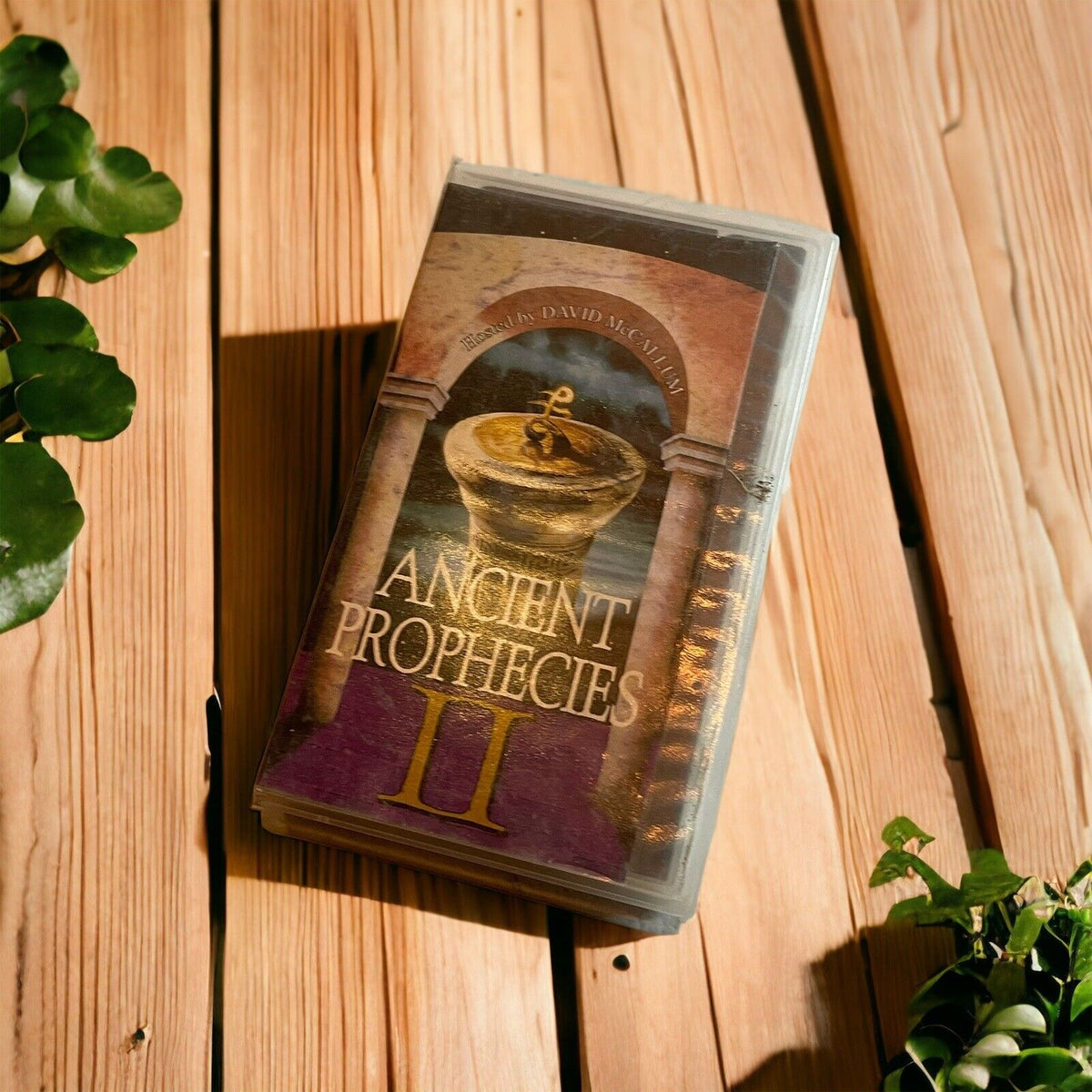Ancient Prophecies 2 VHS tape with vintage cover art placed on wooden surface with green plants nearby