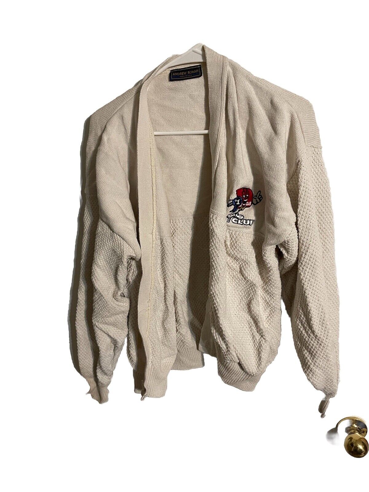 Andrew Rohan cardigan large beige knit open front with embroidered logo on chest