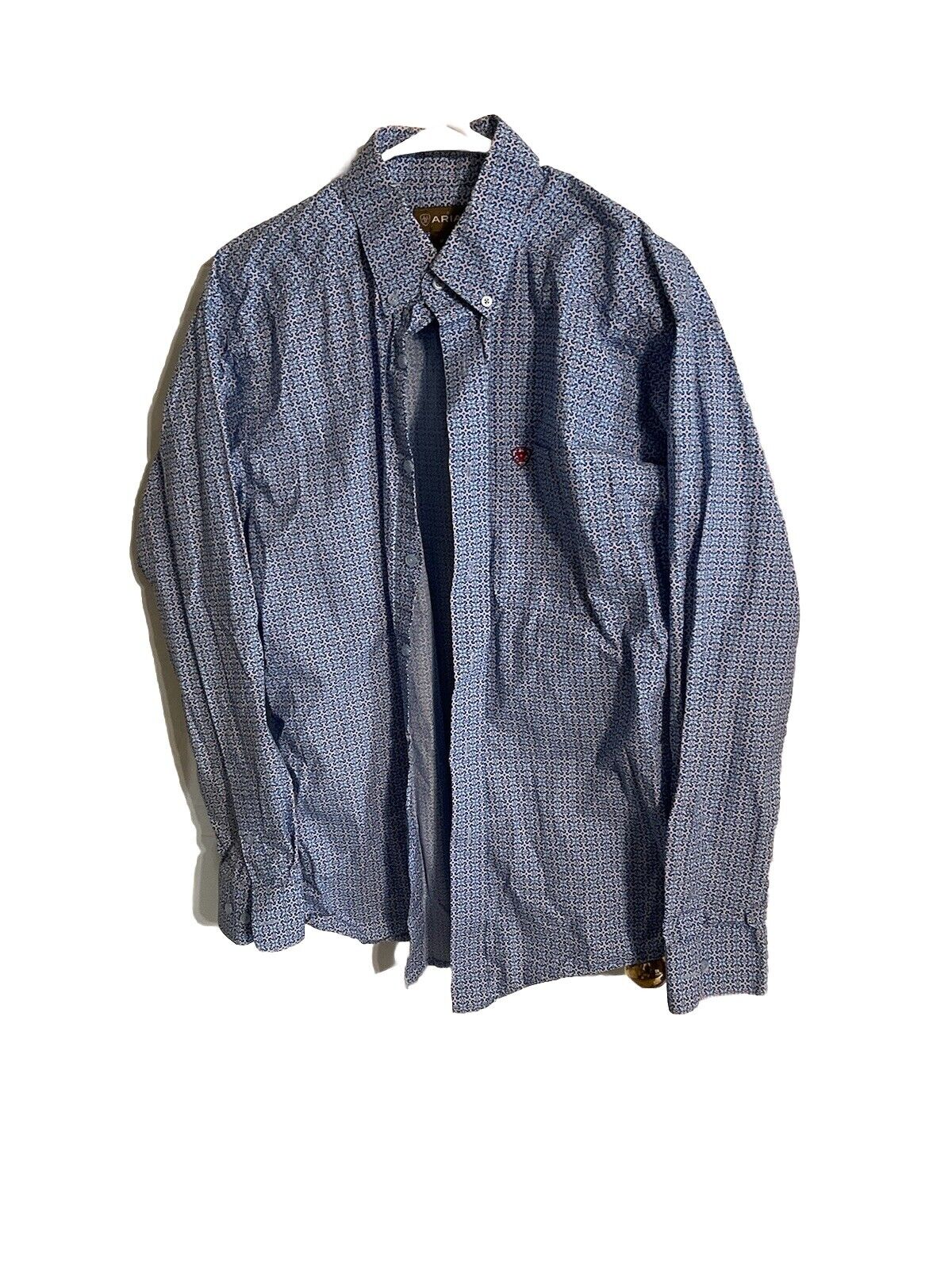 Ariat men's button down shirt in blue checkered pattern with long sleeves and button collar