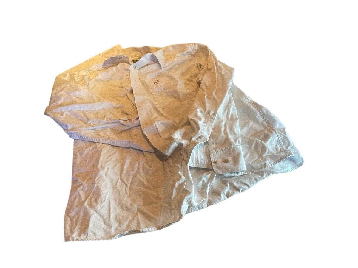 Beige Ariat men's button down shirt laid flat showing buttons and cuffs