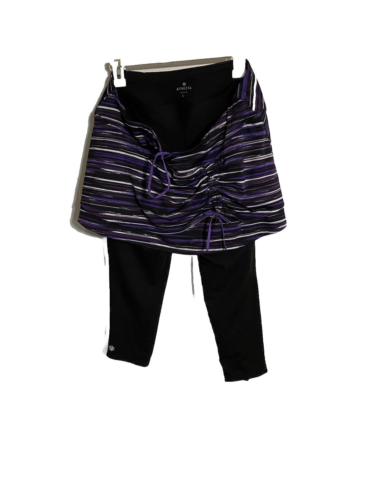 Athleta skirted leggings large with black fitted leggings and purple striped ruched skirt overlay