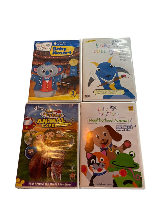 Children's learning video lot featuring Baby Mozart, Baby Von Gogh, Disney Einstein Animal Expedition, and Baby Einstein Neighborhood Animals DVDs