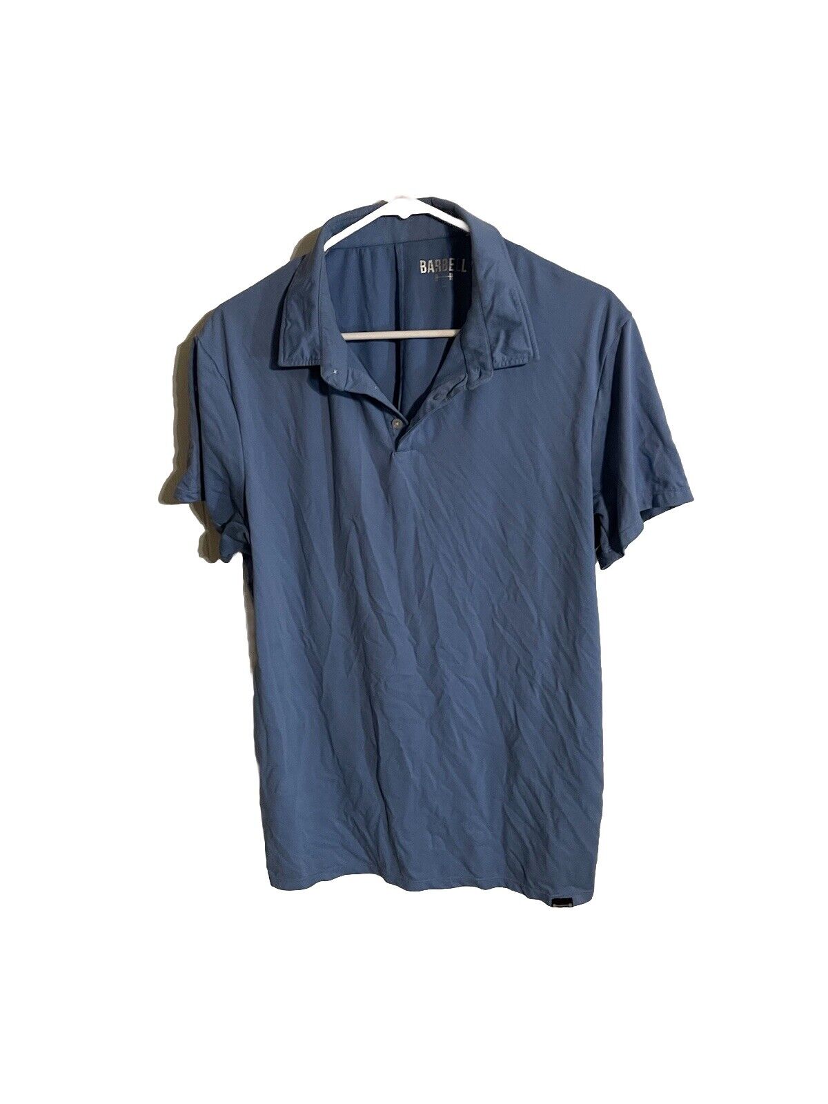 Barbell brand polo large navy blue short sleeve shirt hanging on white hanger