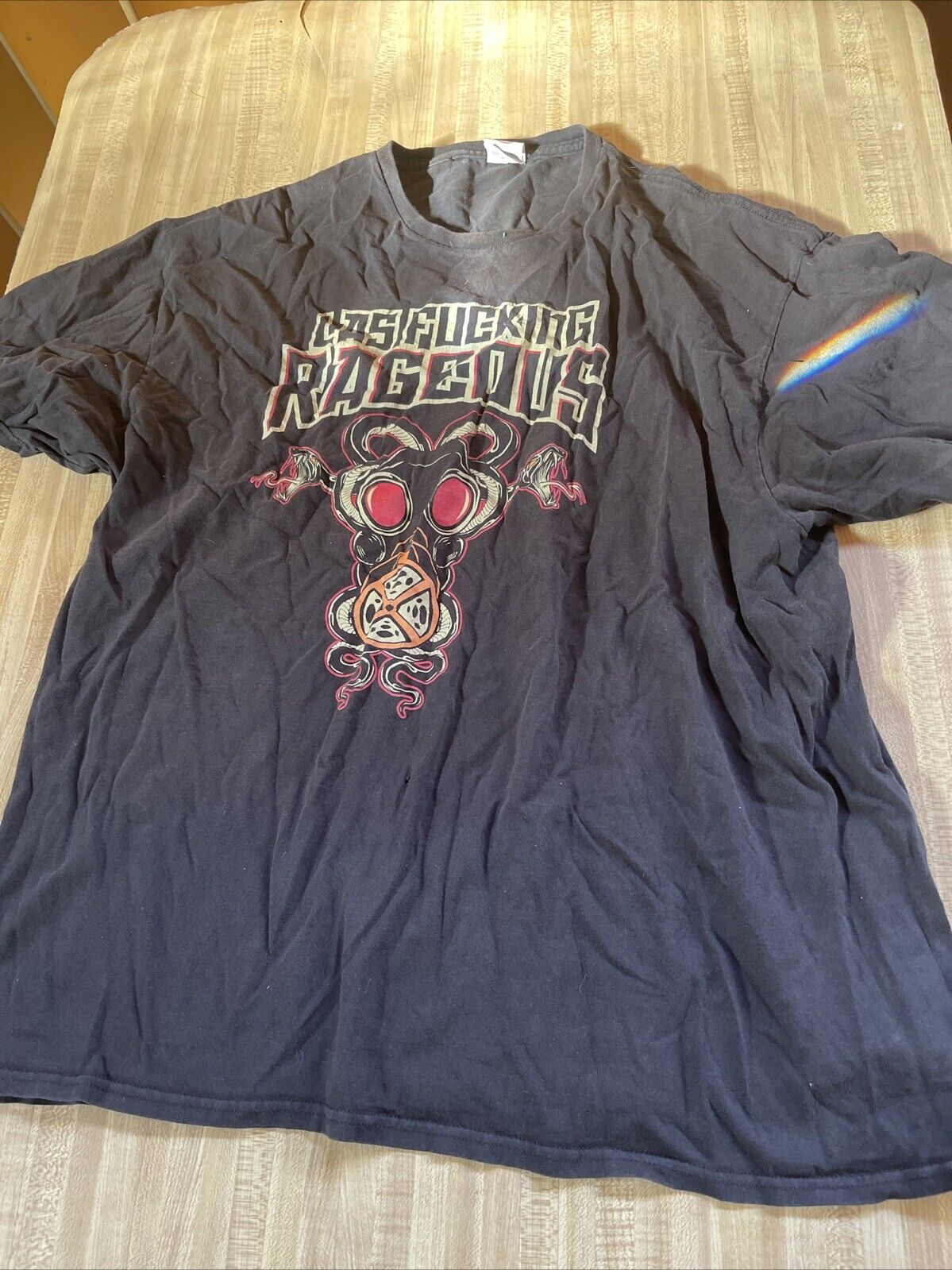 Black Las Rageous festival shirt 2XL with graphic gas mask and colorful sleeve design