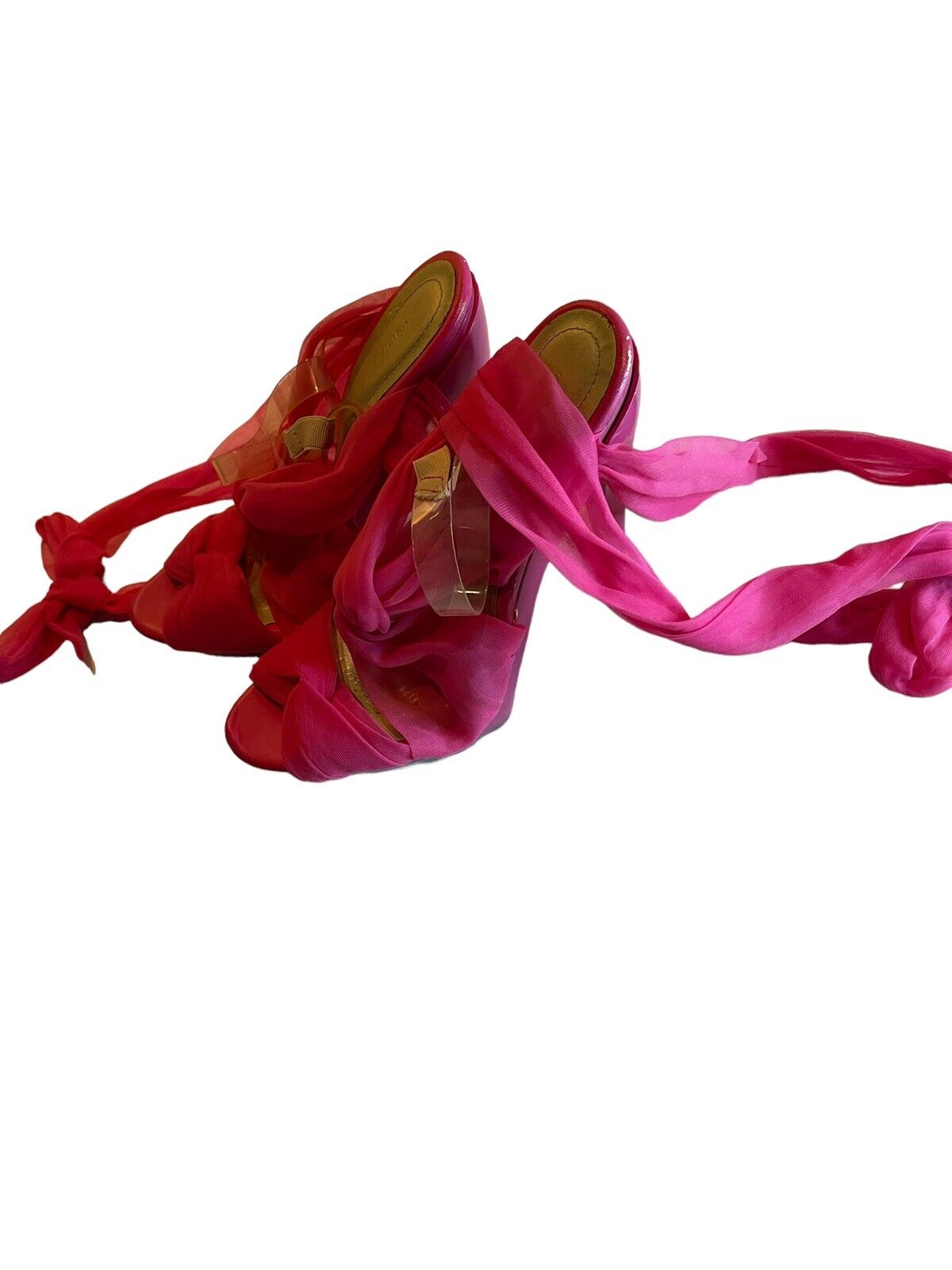1118 Emporium pink strappy high heel sandals with long ribbons for ankle wrap styling