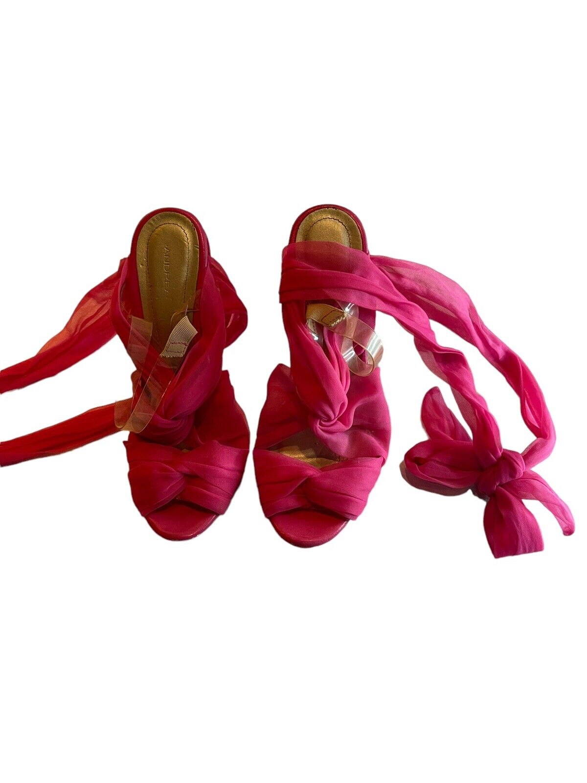 Pink strappy high heel sandals with wrap-around ankle ties from 1118 Emporium