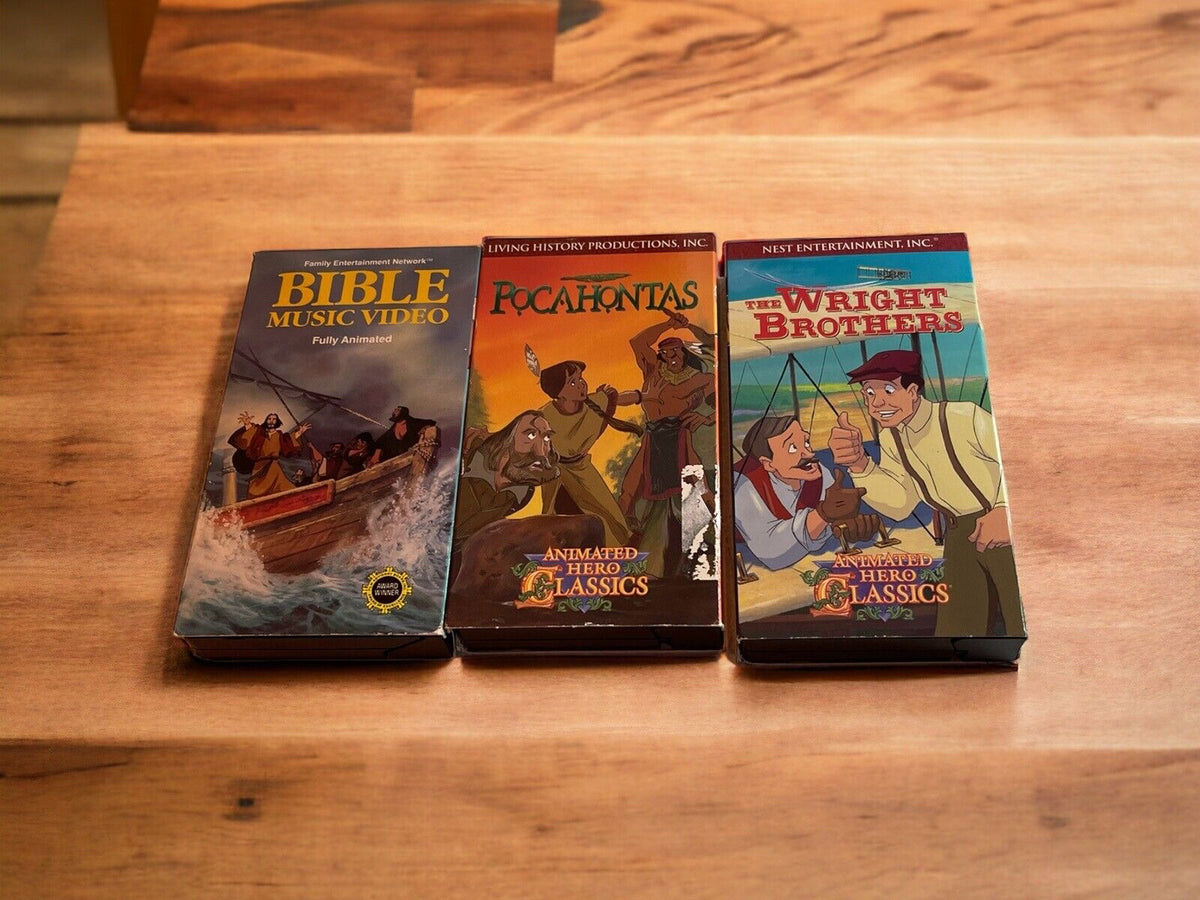 Religious animated VHS lot featuring Bible music video Pocahontas and Wright Brothers classic VHS tapes