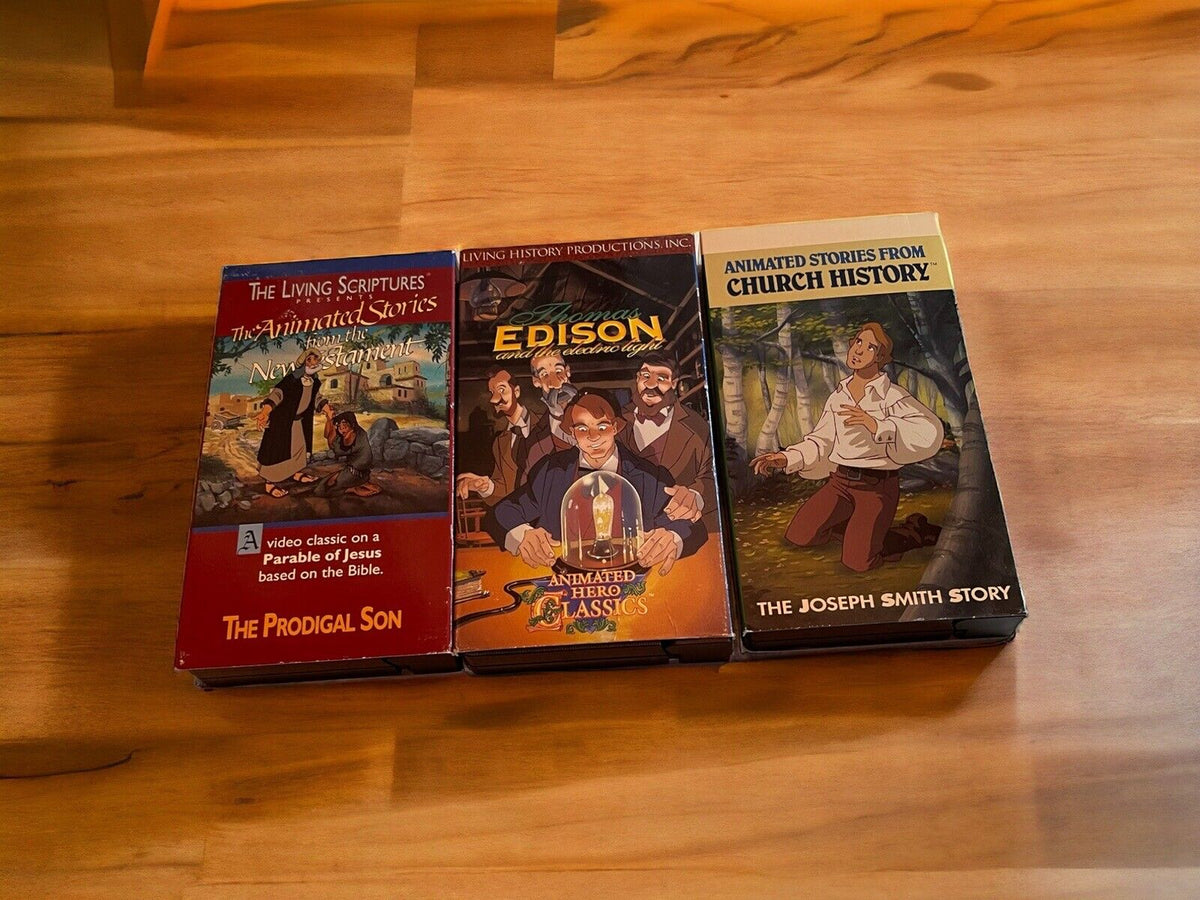 Religious animated VHS lot featuring The Prodigal Son, Edison animated hero classic, and Joseph Smith Story