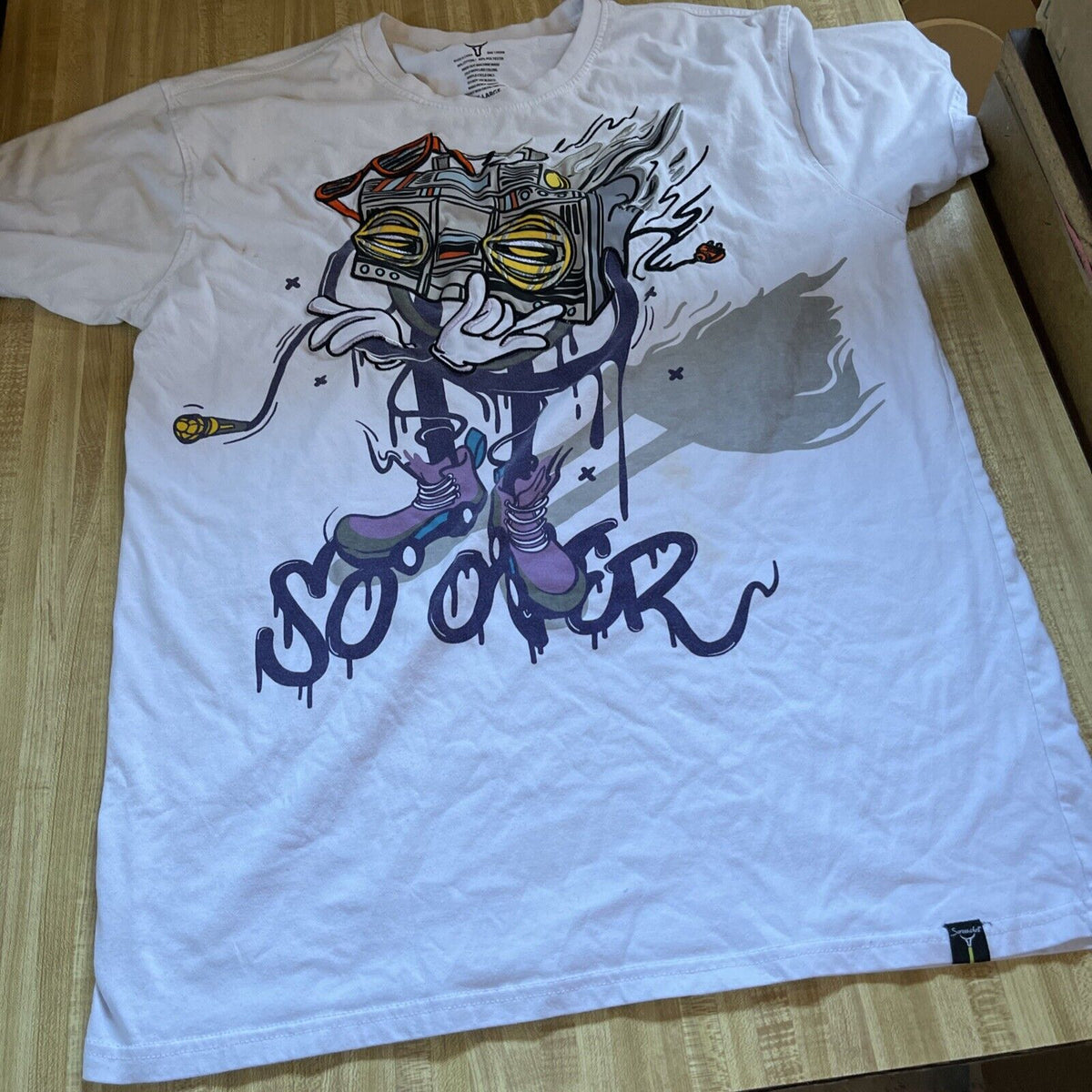 White screenshot t shirt for men with colorful cartoon camera and sneakers graphic design