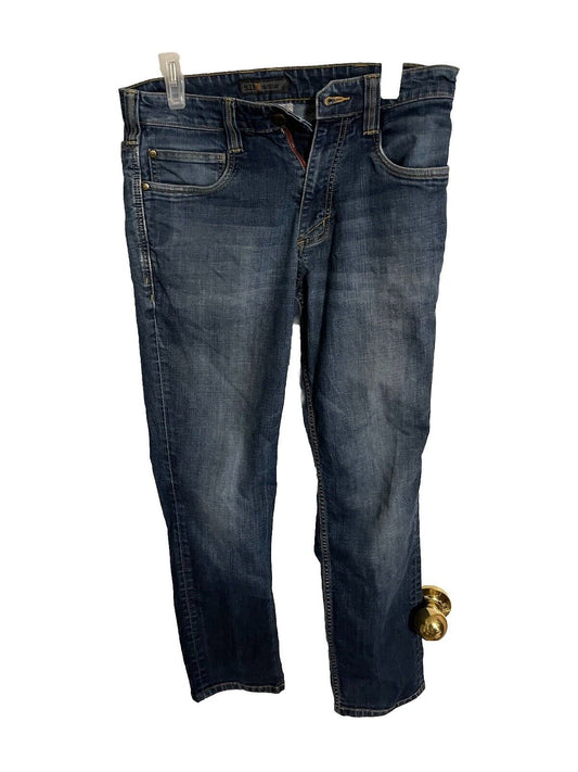 1118 Emporium tactical denim pants 30x30 in dark blue with front pockets and button closure