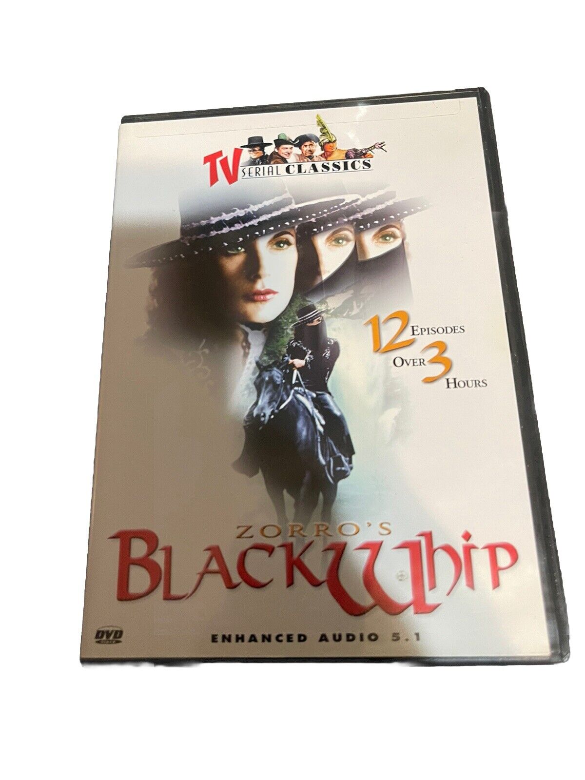 Zorros Black Whip DVD cover featuring vintage TV serial classics with 12 episodes over 3 hours
