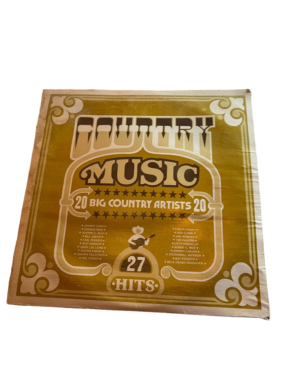 Country music vinyl compilation album featuring 27 hits by 20 big country artists in vintage style cover