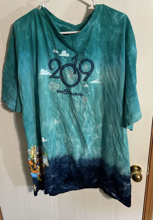 2019 Disney vacation apparel blue tie dye shirt with Walt Disney World fireworks design